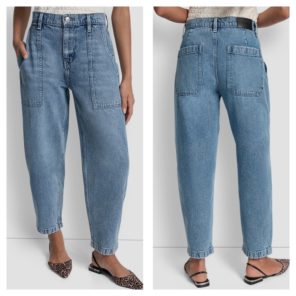 DKNY High-Rise Barrel Leg Utility Jeans, 100% Cotton, Light Wash, Size 27, EUC!